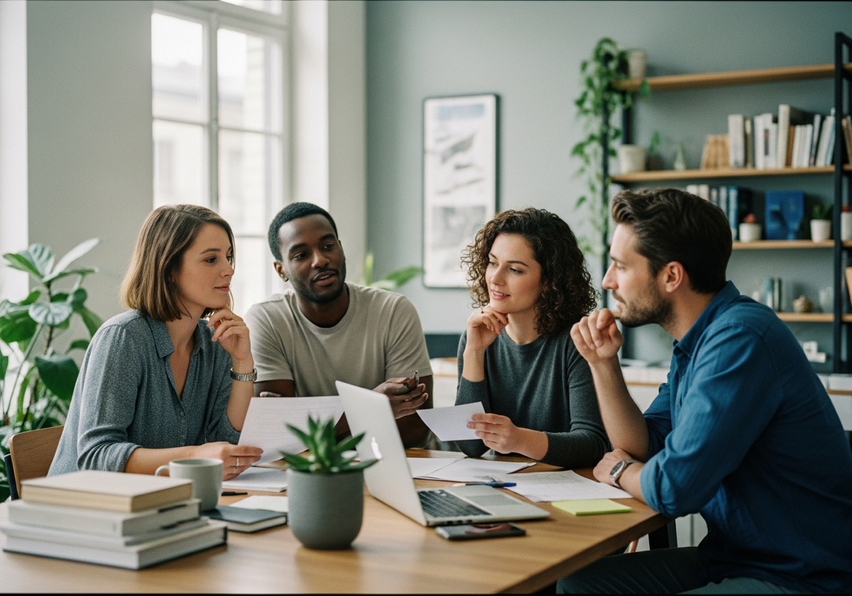 L'équipe éditoriale de MeilleurSiteRencontre.fr en réunion autour d'une table de travail