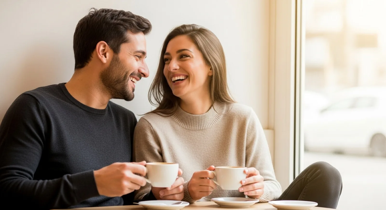 Un couple souriant partage un café dans un lieu lumineux