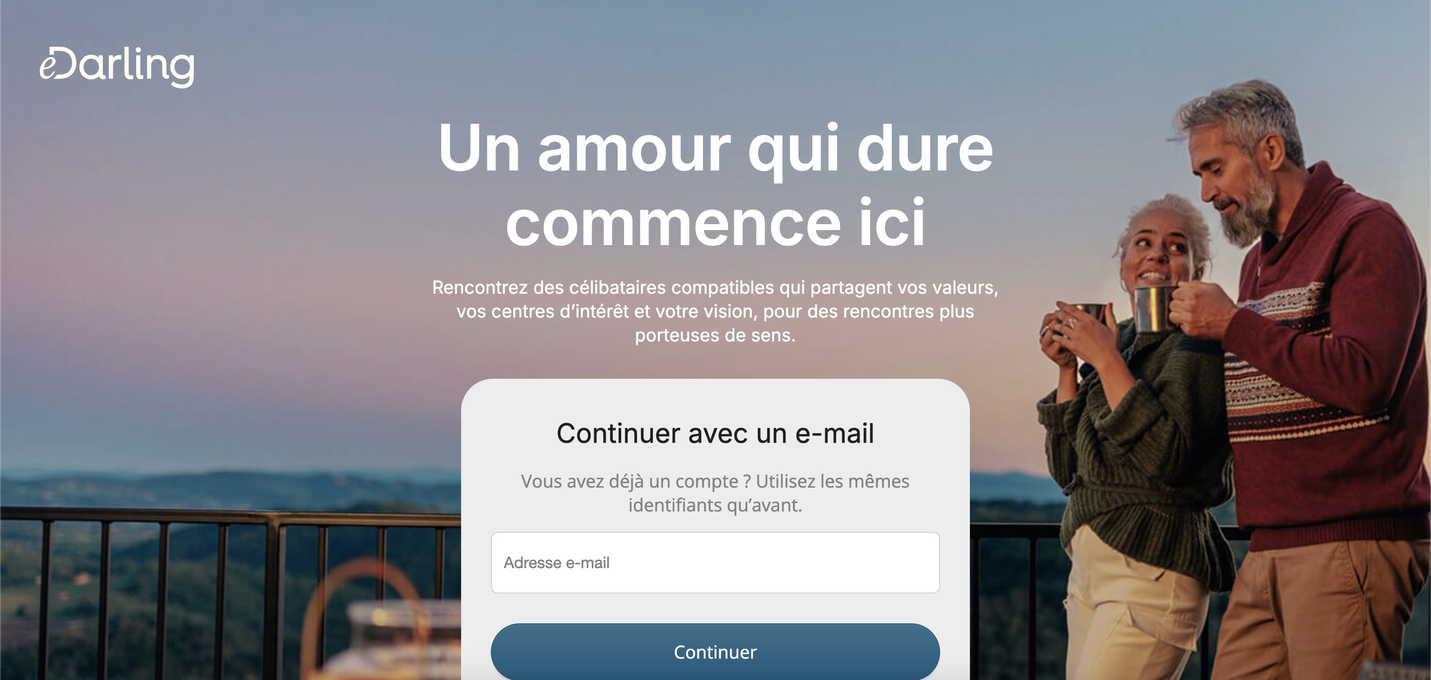 Capture de l'interface eDarling montrant un profil et le test de personnalité