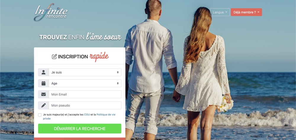 Capture de la page d'accueil d'Infinite Rencontre montrant le formulaire d'inscription rapide