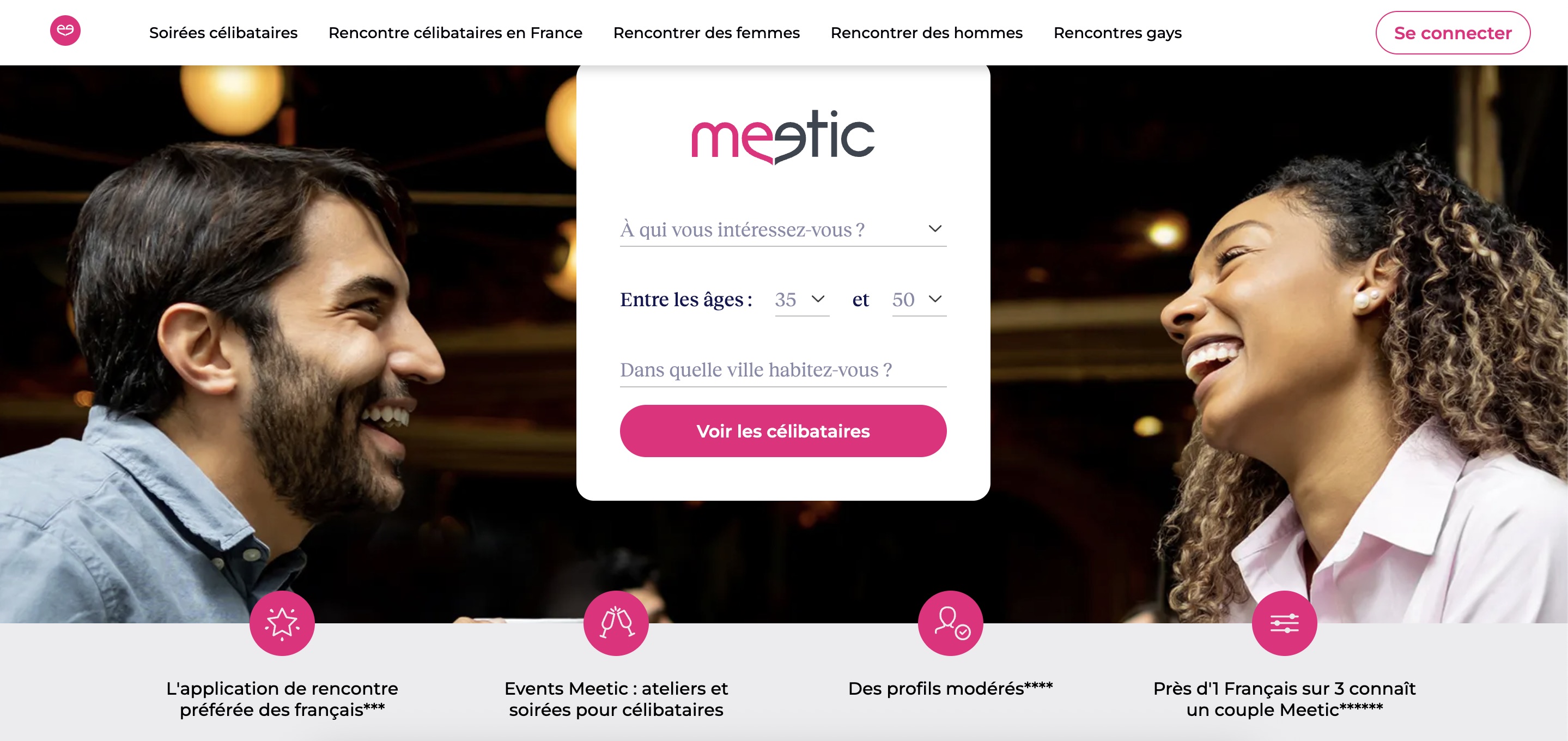 Capture de l'interface Meetic montrant un profil et la navigation principale