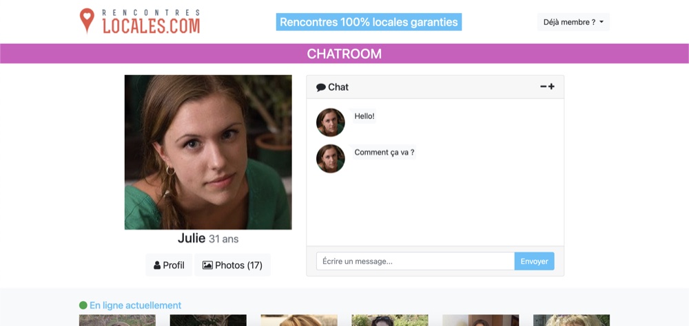 Capture de l'interface Rencontres Locales montrant un profil et un tchat intégré