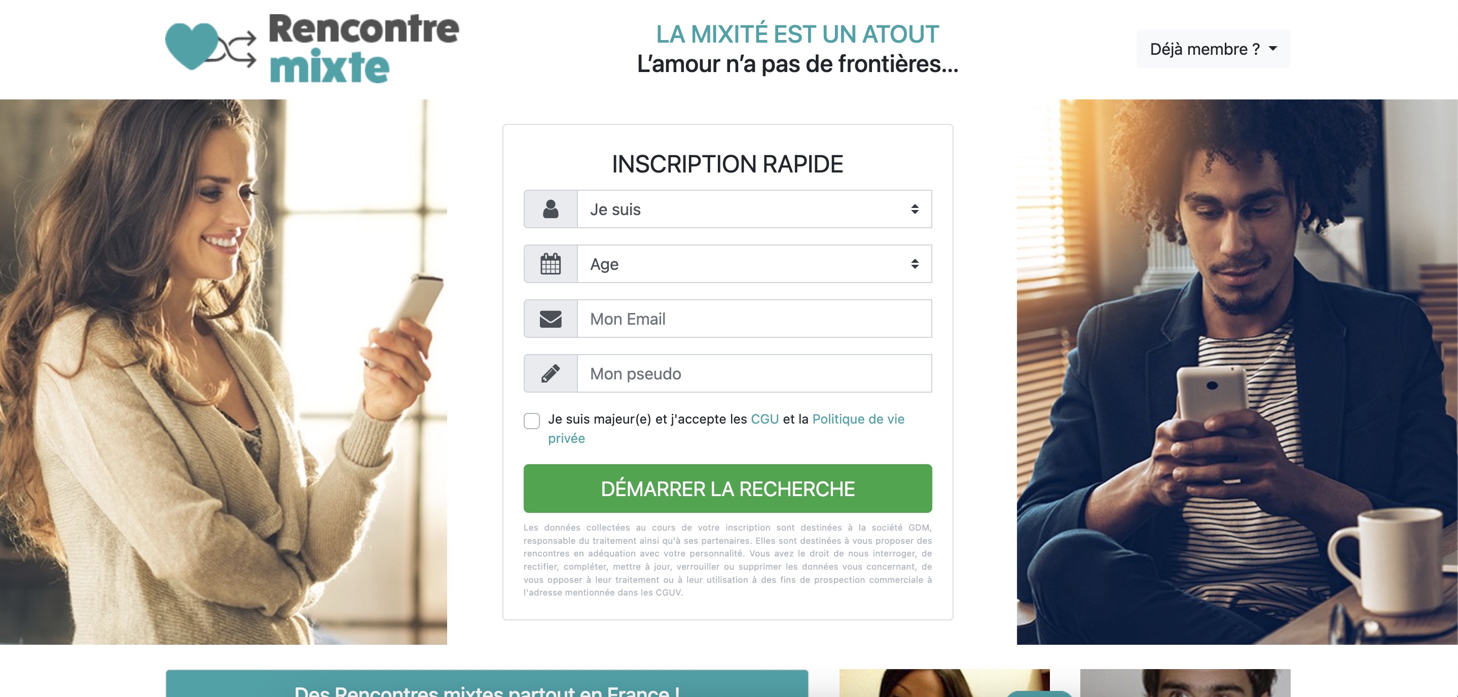 Capture de l'interface Rencontres Mixtes montrant une communauté diverse et un tchat actif