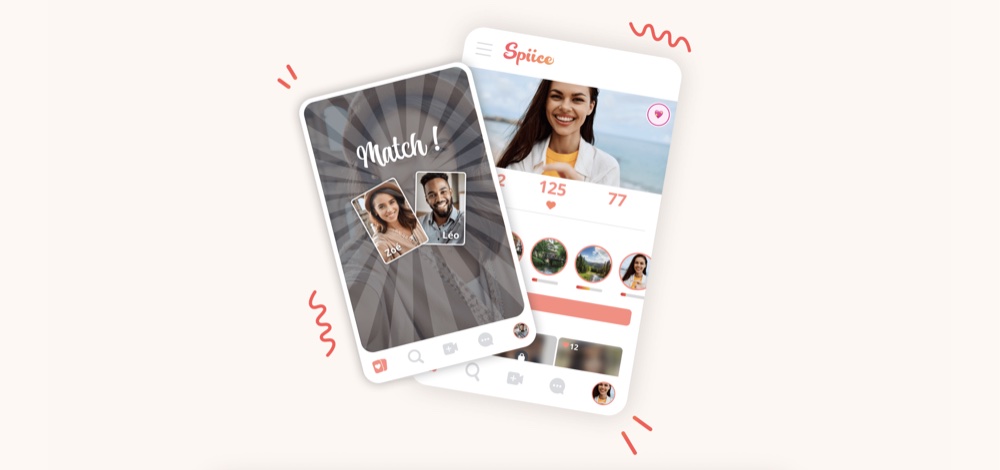 Capture de l'application Spiice montrant une notification de match et un profil utilisateur